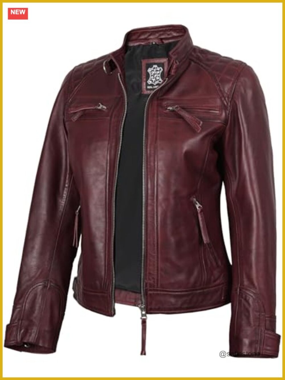 Real Lambskin Leather Cafe Racer Jacket with Quilted Shoulders
